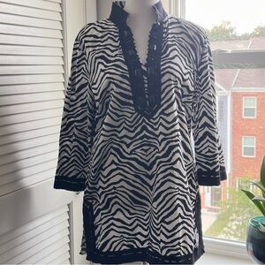 Dana Bushman Tunic Sheath Dress Size L Black White Pullover Comfort Embellish